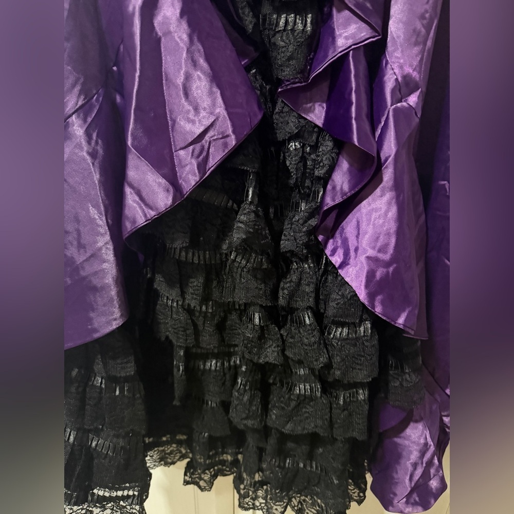 Purple High-Low Satin Skirt with Black Lace Ruffle - Picture 3 of 6